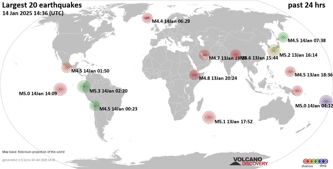 На карте сильные землетрясения за последние 24 часа, 14 января 2025 года
