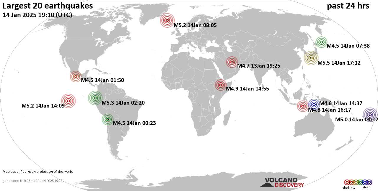 На карте сильные землетрясения за последние 24 часа, 14 января 2025 года