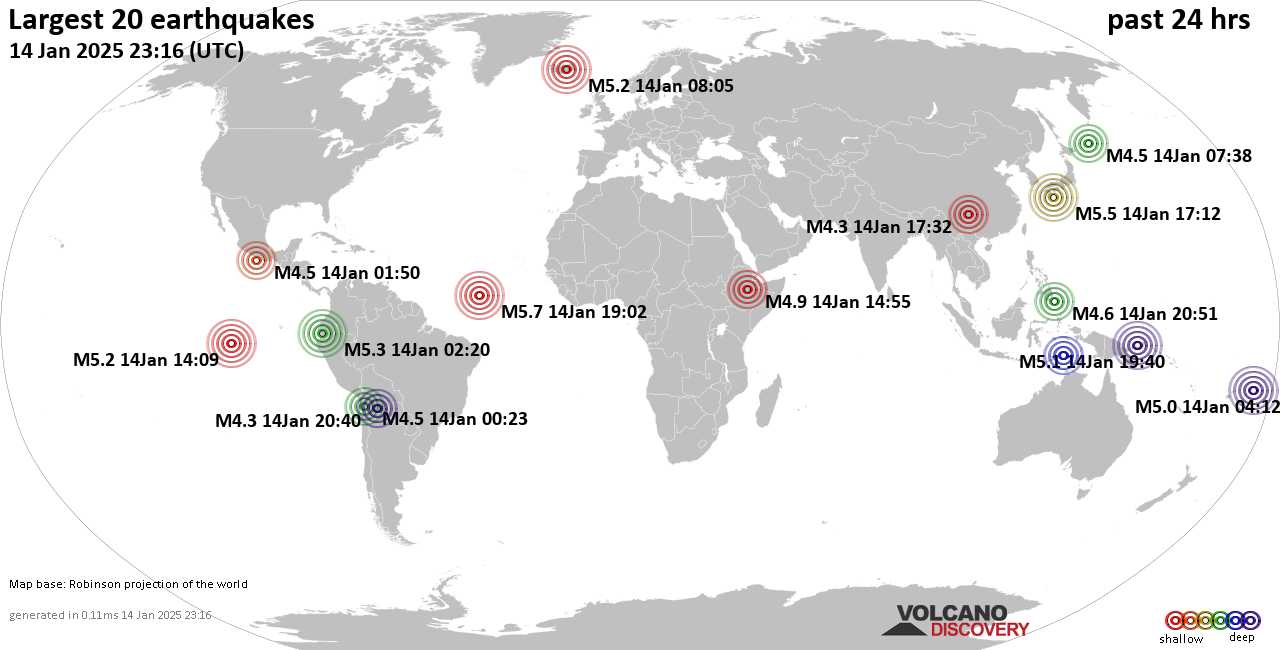 На карте сильные землетрясения за последние 24 часа, 14 января 2025 года
