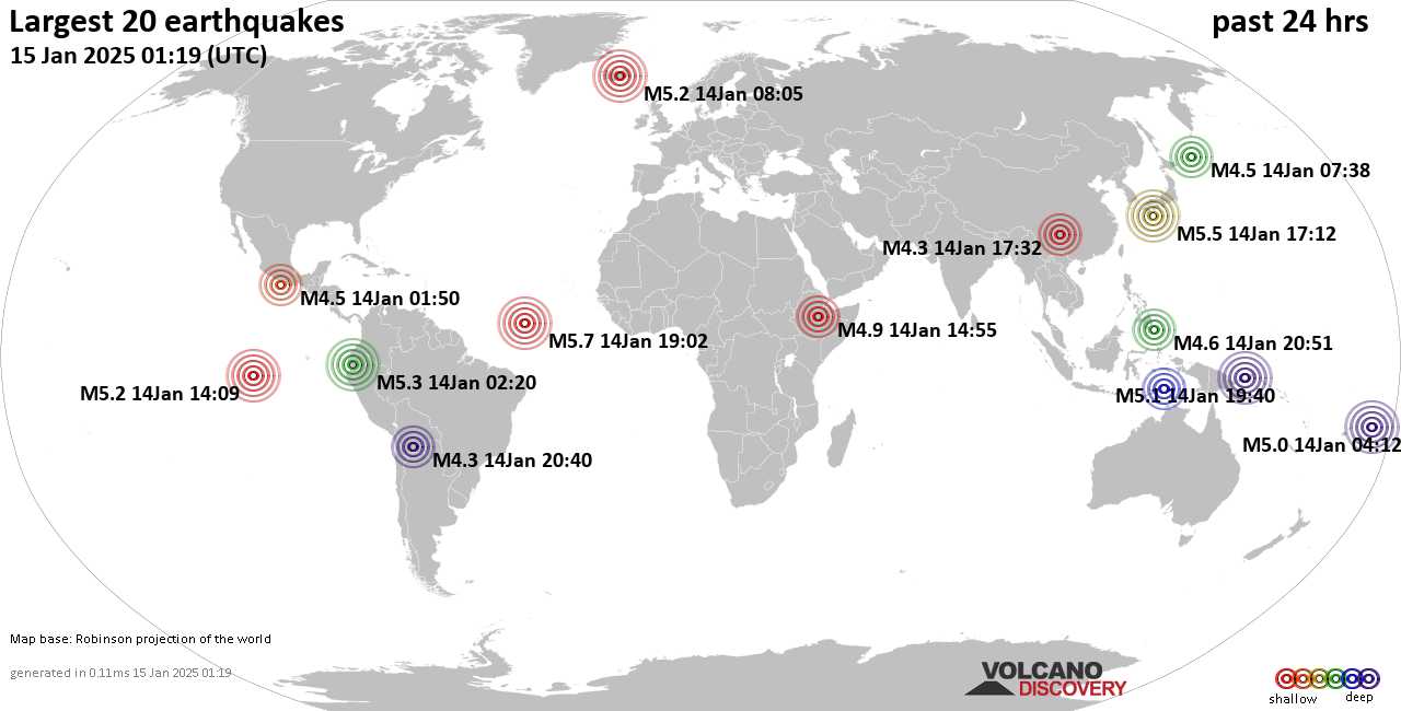 На карте сильные землетрясения за последние 24 часа, 14 января 2025 года