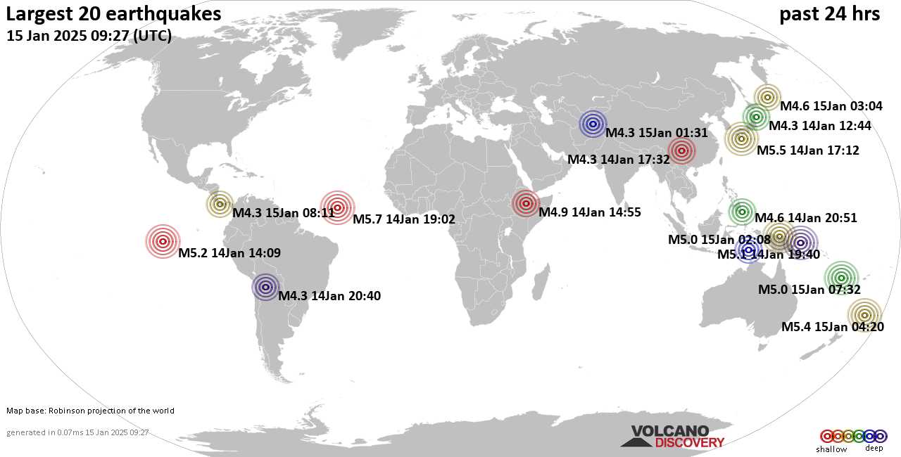 На карте сильные землетрясения за последние 24 часа, 15 января 2025 года