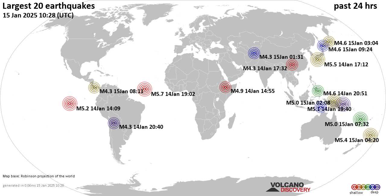 На карте сильные землетрясения за последние 24 часа, 15 января 2025 года