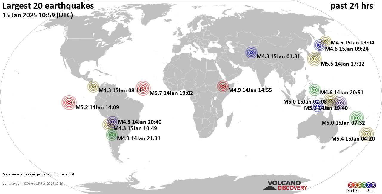 На карте сильные землетрясения за последние 24 часа, 15 января 2025 года