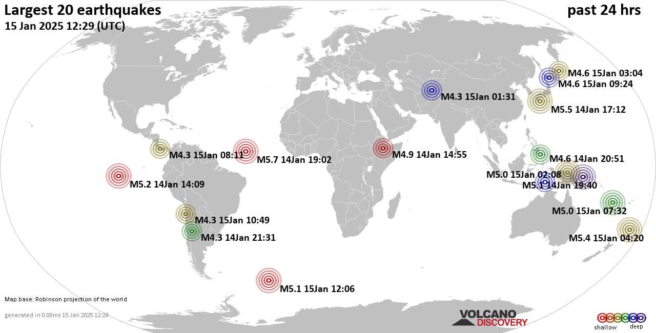 На карте сильные землетрясения за последние 24 часа, 15 января 2025 года