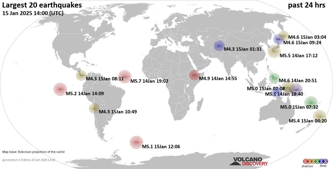 На карте сильные землетрясения за последние 24 часа, 15 января 2025 года