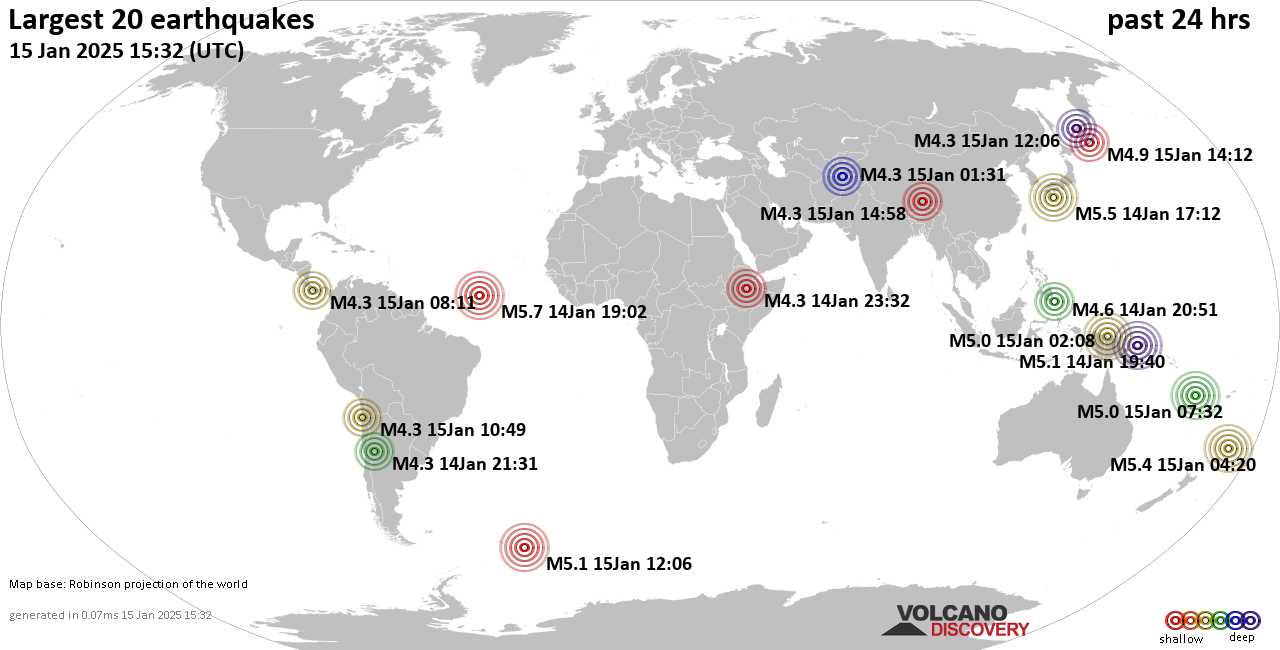 На карте сильные землетрясения за последние 24 часа, 15 января 2025 года