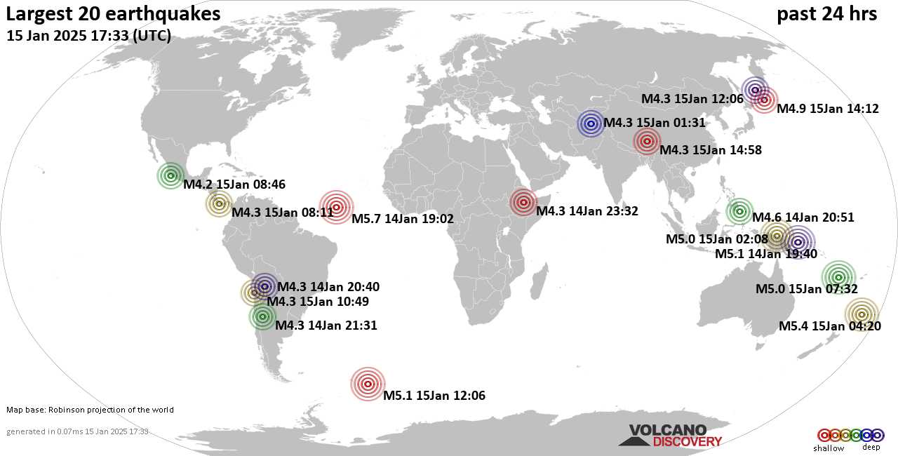 На карте сильные землетрясения за последние 24 часа, 15 января 2025 года