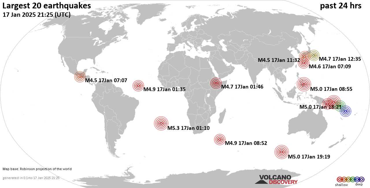На карте сильные землетрясения за последние 24 часа, 17 января 2025 года
