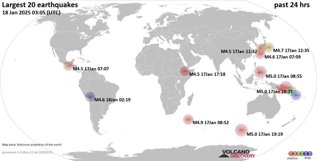 На карте сильные землетрясения за последние 24 часа, 18 января 2025 года