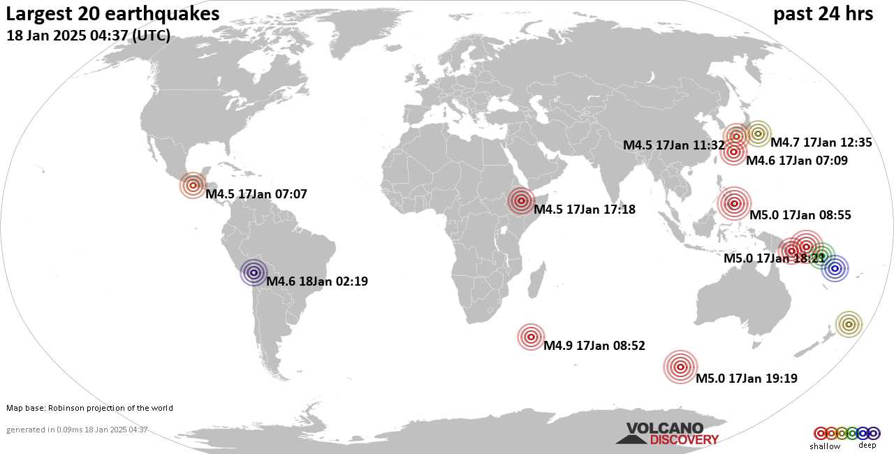 На карте сильные землетрясения за последние 24 часа, 18 января 2025 года