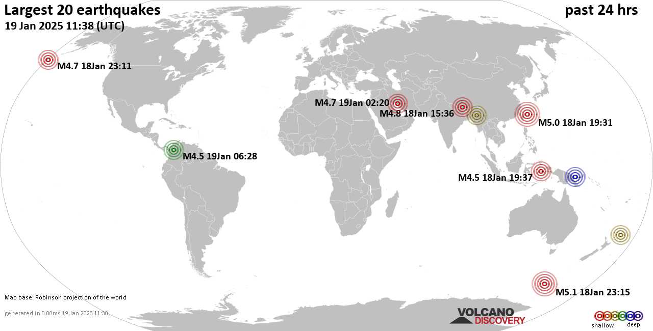На карте сильные землетрясения за последние 24 часа, 19 января 2025 года