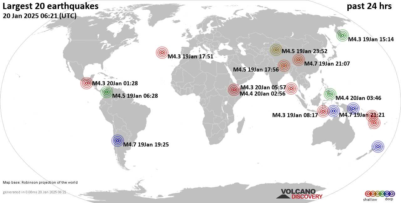 На карте сильные землетрясения за последние 24 часа, 20 января 2025 года