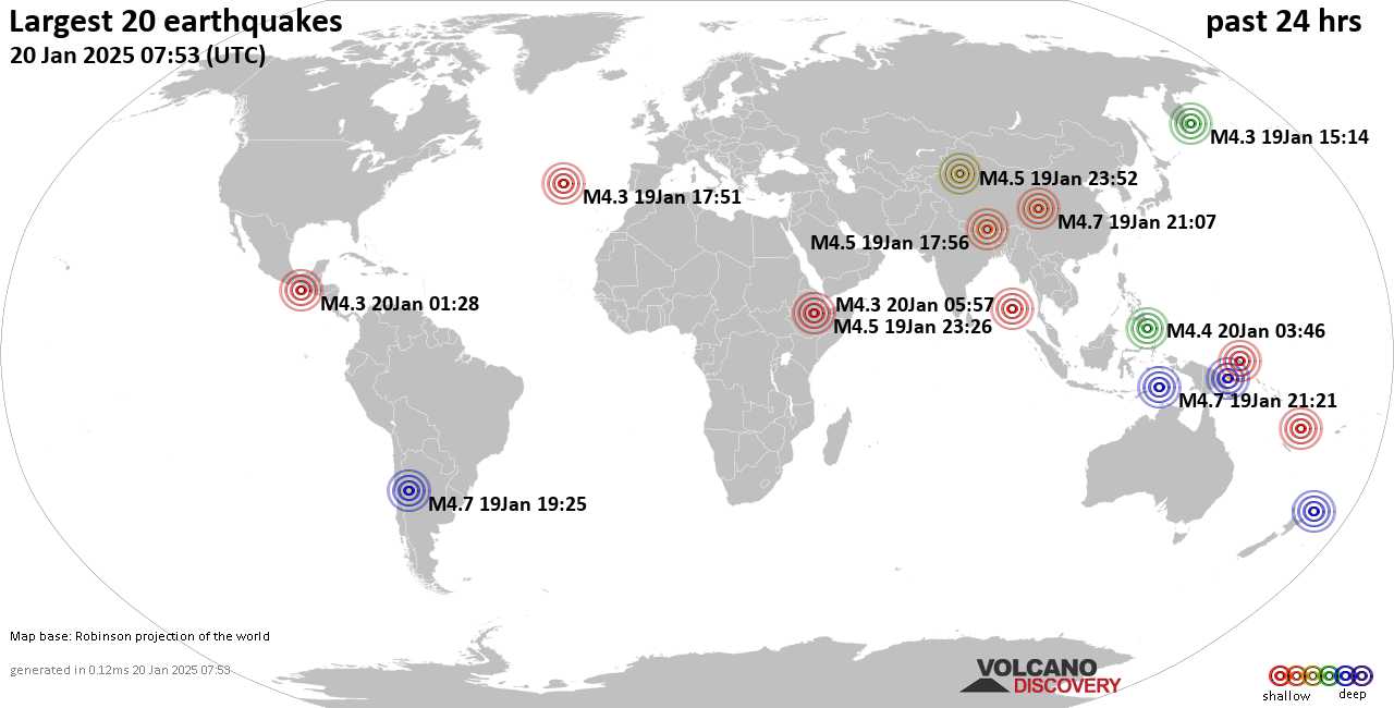 На карте сильные землетрясения за последние 24 часа, 20 января 2025 года