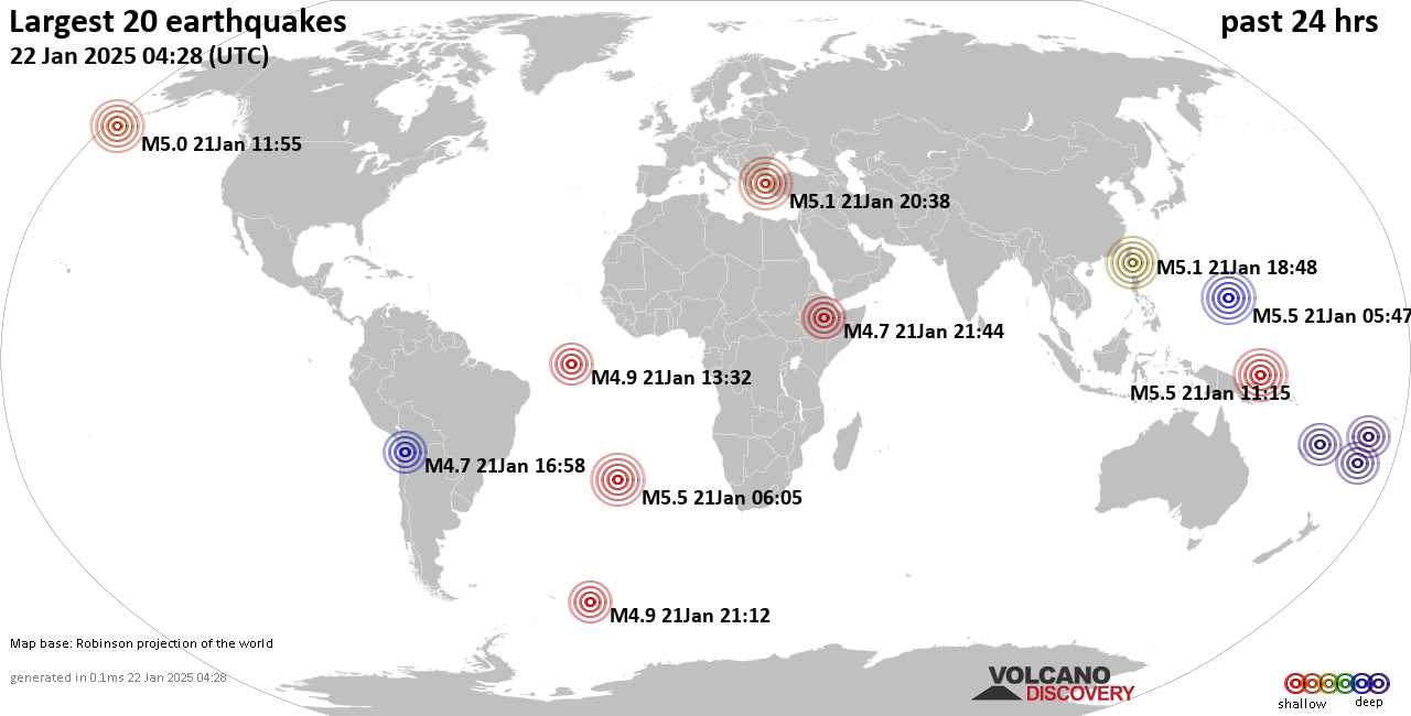 На карте сильные землетрясения за последние 24 часа, 22 января 2025 года