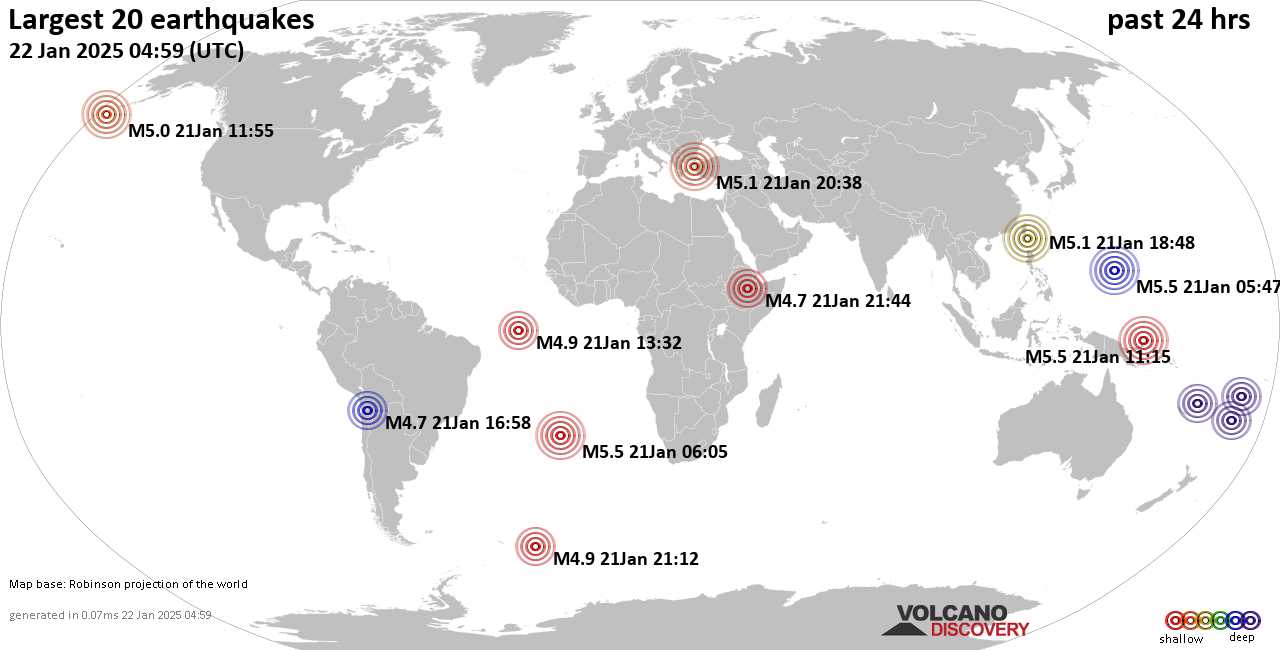 На карте сильные землетрясения за последние 24 часа, 22 января 2025 года