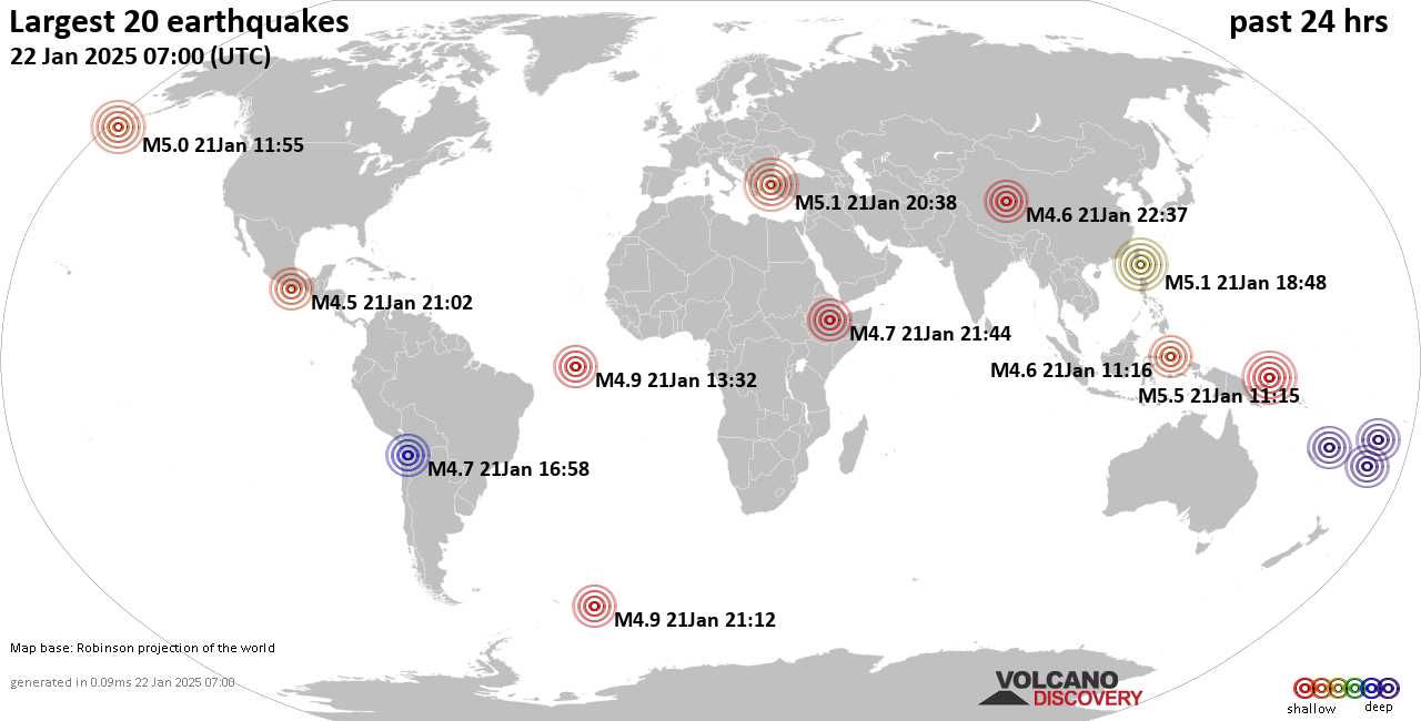 На карте сильные землетрясения за последние 24 часа, 22 января 2025 года
