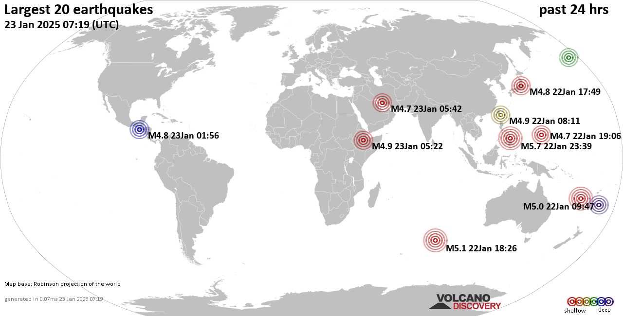 На карте сильные землетрясения за последние 24 часа, 23 января 2025 года