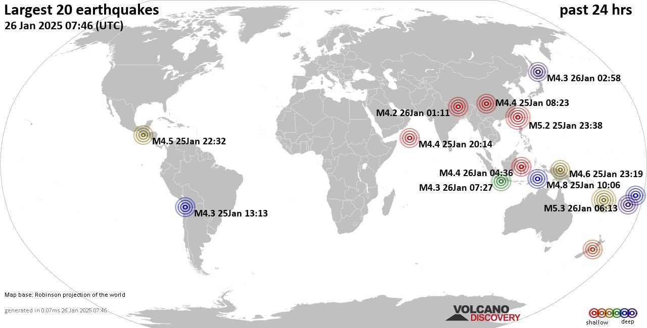 На карте сильные землетрясения за последние 24 часа, 25 января 2025 года