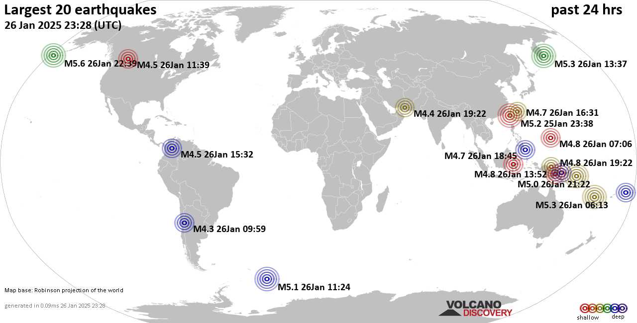 На карте сильные землетрясения за последние 24 часа, 26 января 2025 года
