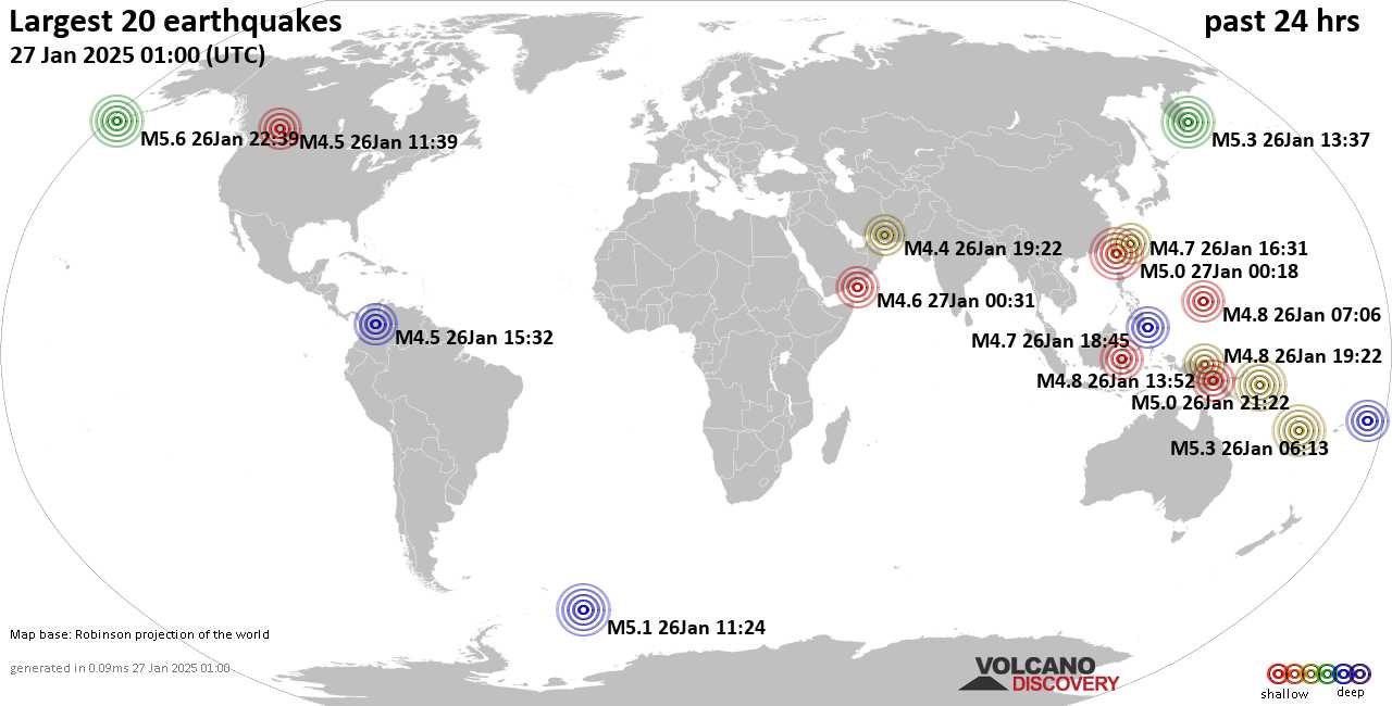 На карте сильные землетрясения за последние 24 часа, 26 января 2025 года