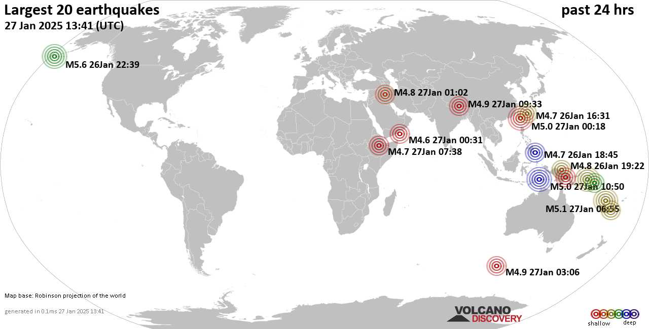 На карте сильные землетрясения за последние 24 часа, 27 января 2025 года