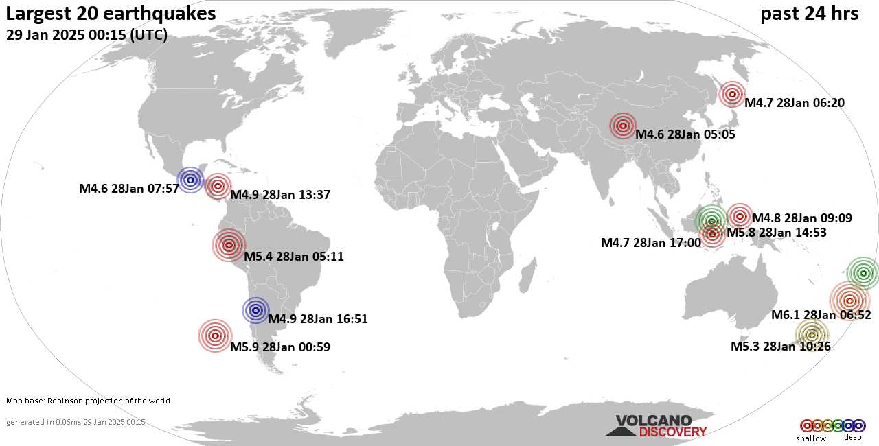 На карте сильные землетрясения за последние 24 часа, 27 января 2025 года
