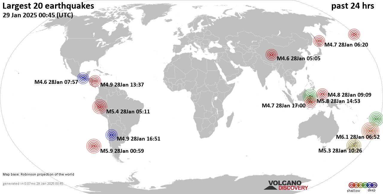 На карте сильные землетрясения за последние 24 часа, 27 января 2025 года