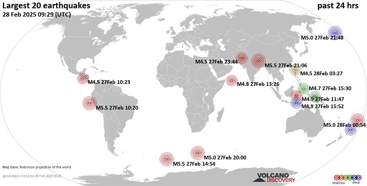 На карте сильные землетрясения за последние 24 часа, 28 февраля 2025 года