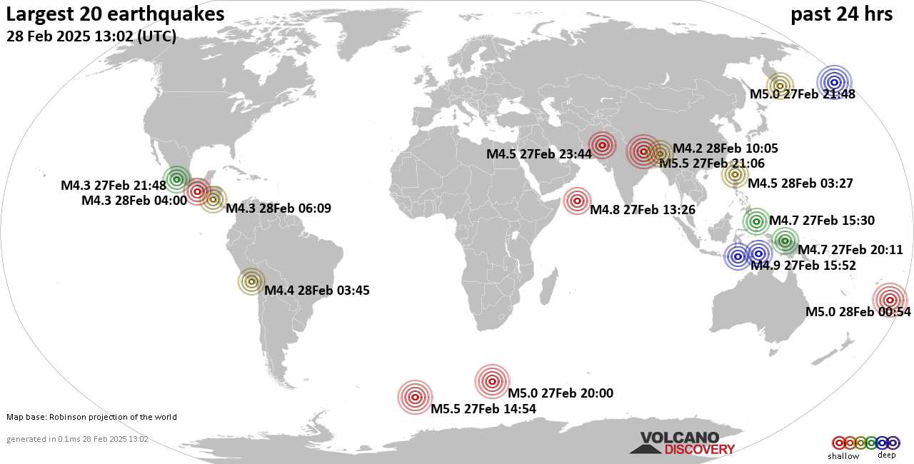 На карте сильные землетрясения за последние 24 часа, 28 февраля 2025 года