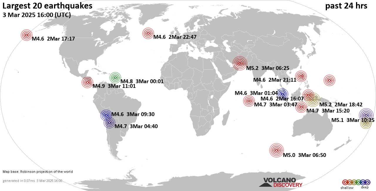 На карте сильные землетрясения за последние 24 часа, 3 марта 2025 года