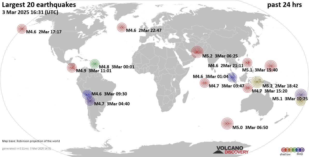 На карте сильные землетрясения за последние 24 часа, 3 марта 2025 года