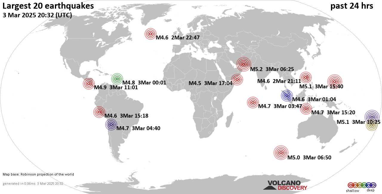 На карте сильные землетрясения за последние 24 часа, 3 марта 2025 года