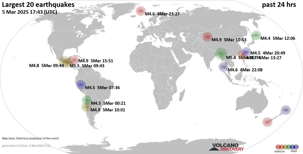 На карте сильные землетрясения за последние 24 часа, 5 марта 2025 года