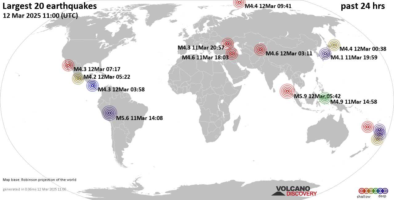 На карте сильные землетрясения за последние 24 часа, 12 марта 2025 года