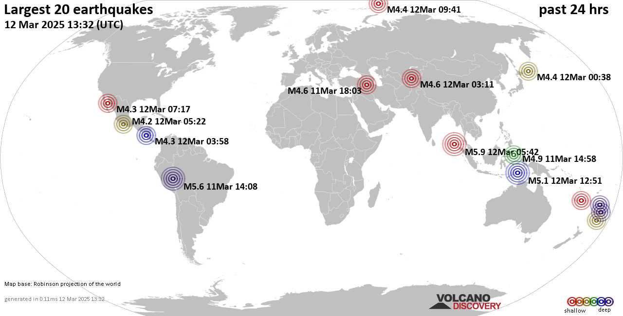 На карте сильные землетрясения за последние 24 часа, 12 марта 2025 года