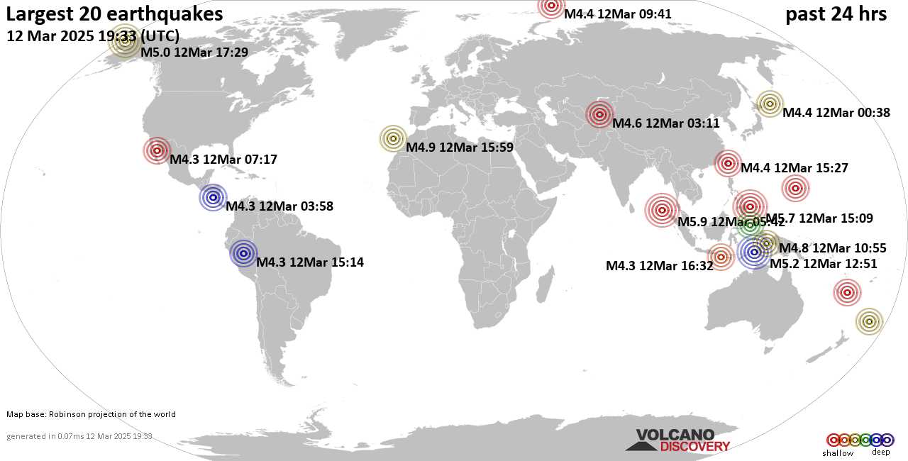 На карте сильные землетрясения за последние 24 часа, 12 марта 2025 года
