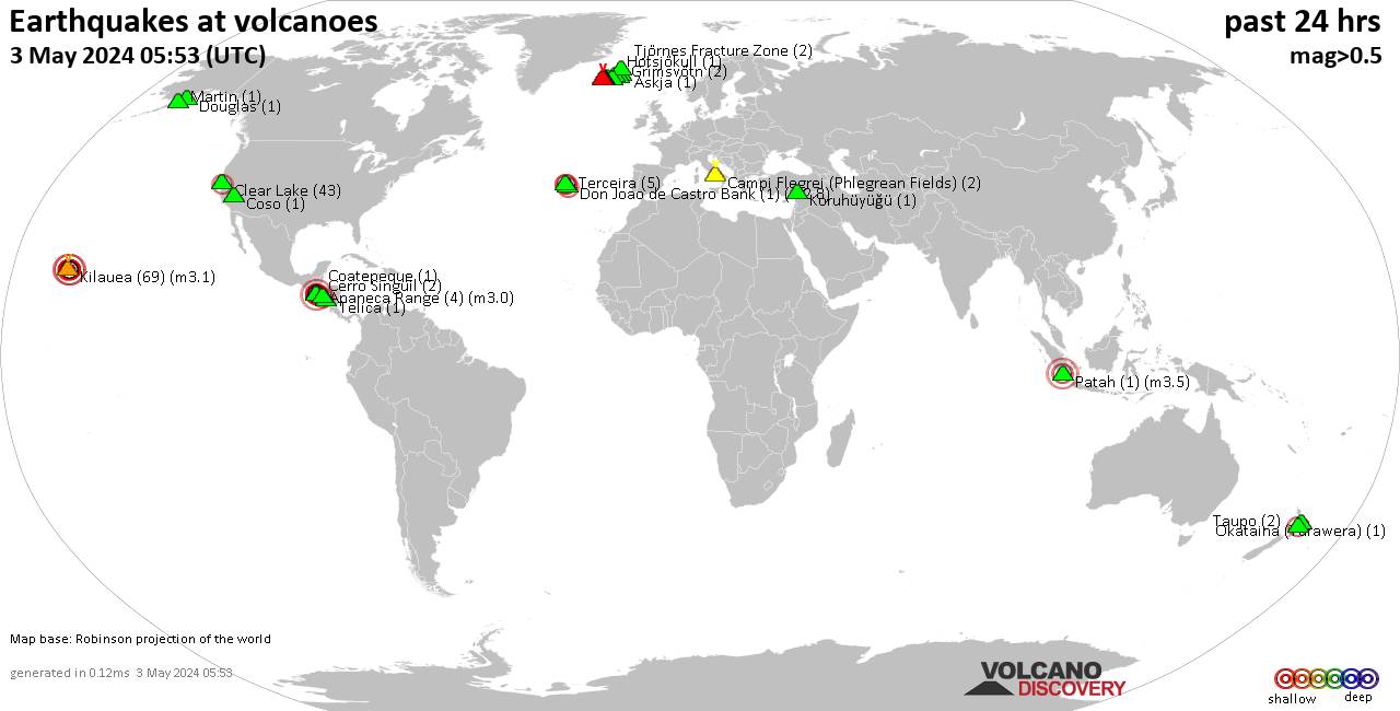 Shallow earthquakes near active volcanoes during the past 24 hours (update 13:06, domenica, 23 gen 2022)