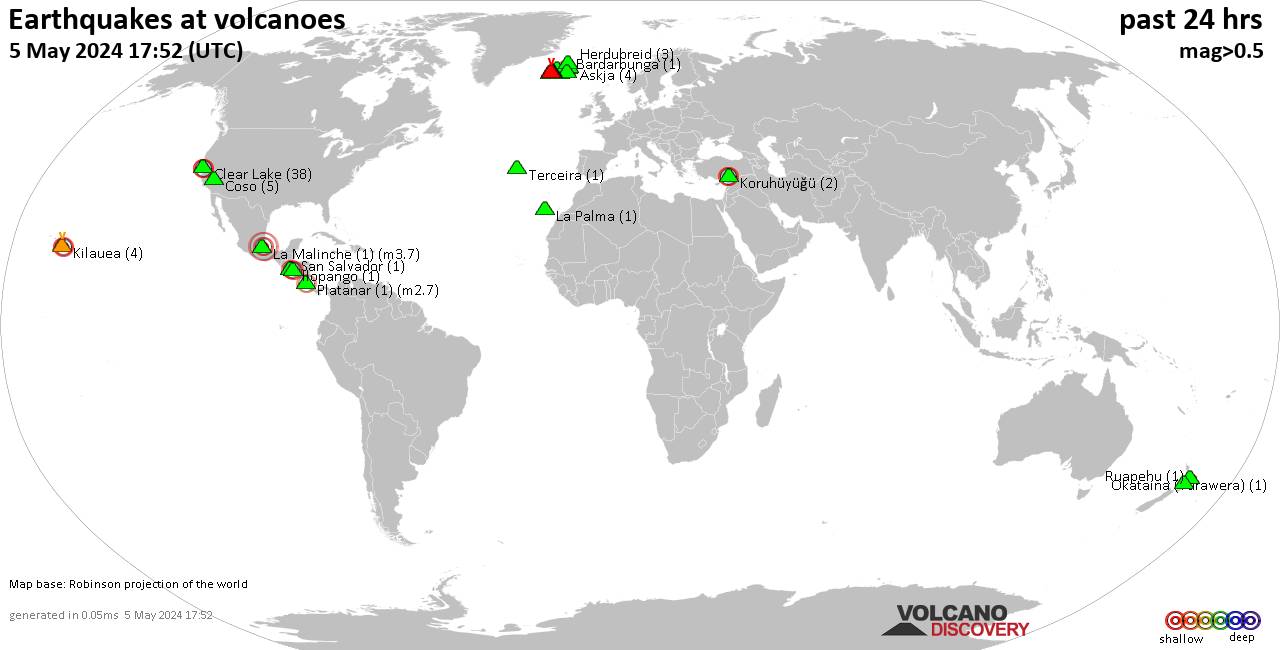 Shallow earthquakes near active volcanoes during the past 24 hours (update 02:51, Mittwoch,  1 Feb 2023)