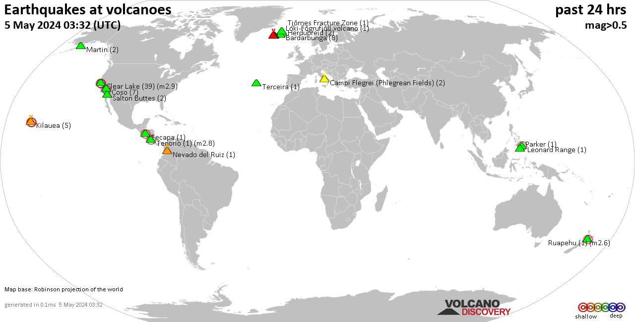 Shallow earthquakes near active volcanoes during the past 24 hours (update 20:46, venerdì,  3 feb 2023)