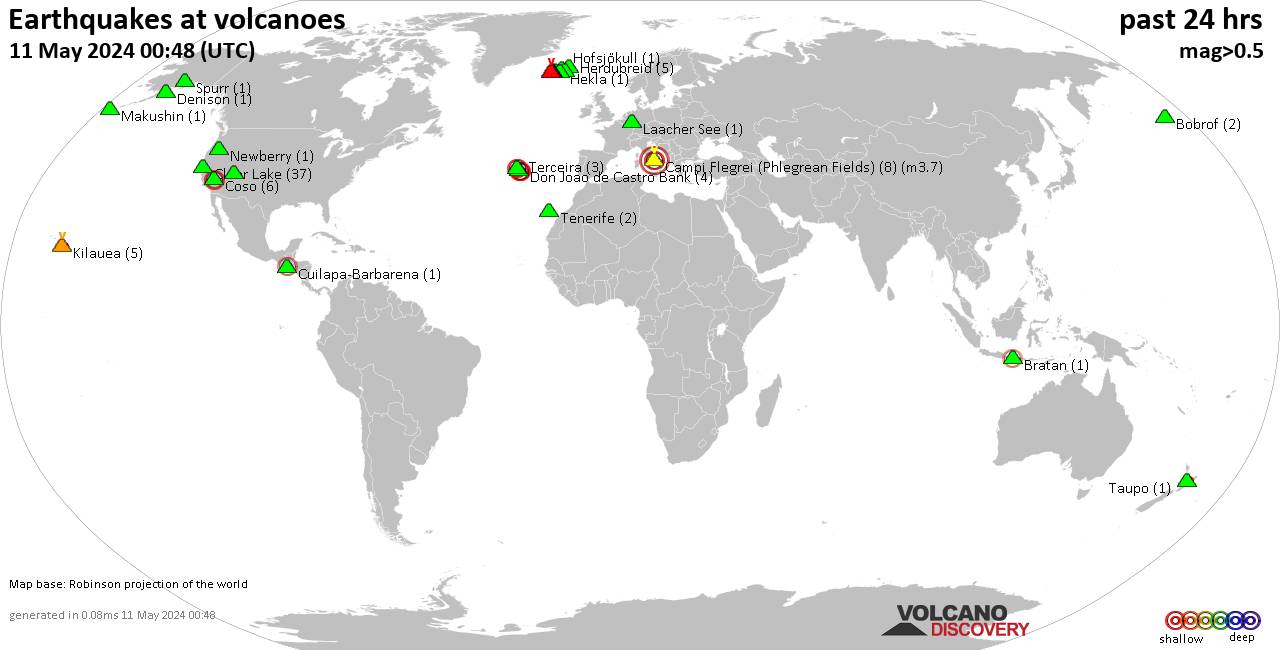 Shallow earthquakes near active volcanoes during the past 24 hours (update 13:37, Thursday, 28 Mar 2024)
