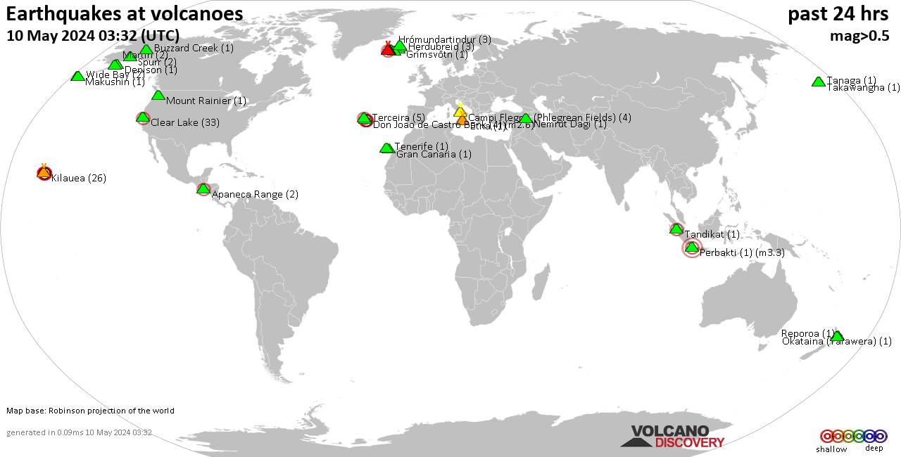 Shallow earthquakes near active volcanoes during the past 24 hours (update 16:05, Thursday, 28 Mar 2024)