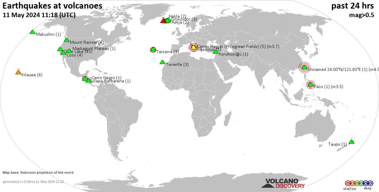 Shallow earthquakes near active volcanoes during the past 24 hours (update 22:56, Thursday, 28 Mar 2024)