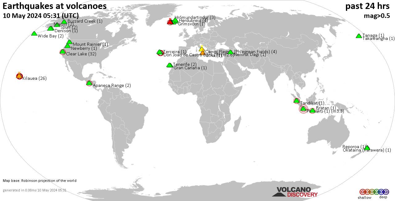 Shallow earthquakes near active volcanoes during the past 24 hours (update 06:25, Friday, 29 Mar 2024)