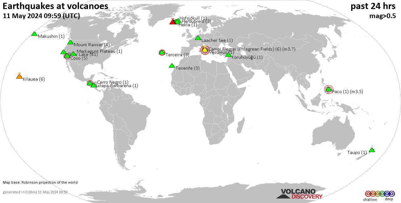 Shallow earthquakes near active volcanoes during the past 24 hours (update 08:24, Friday, 29 Mar 2024)