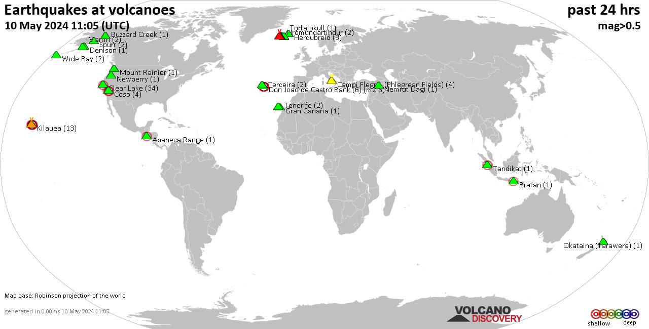 Shallow earthquakes near active volcanoes during the past 24 hours (update 10:35, Friday, 29 Mar 2024)