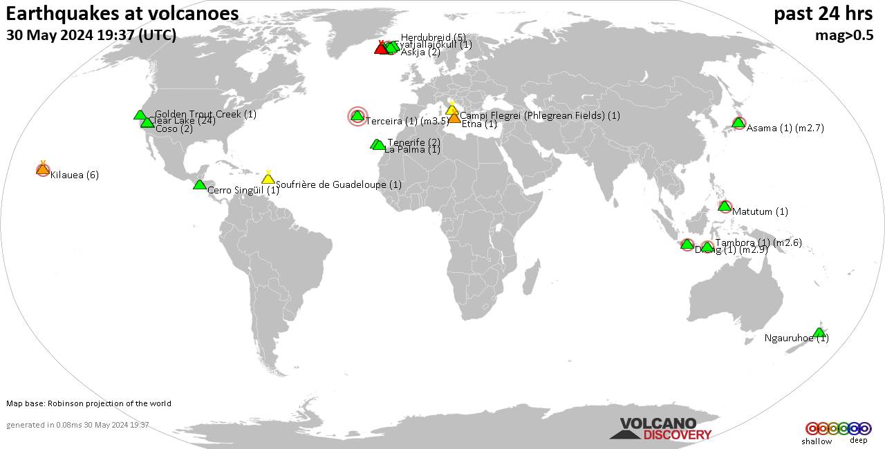 Shallow earthquakes near active volcanoes during the past 24 hours (update 05:02, Saturday, 20 Apr 2024)