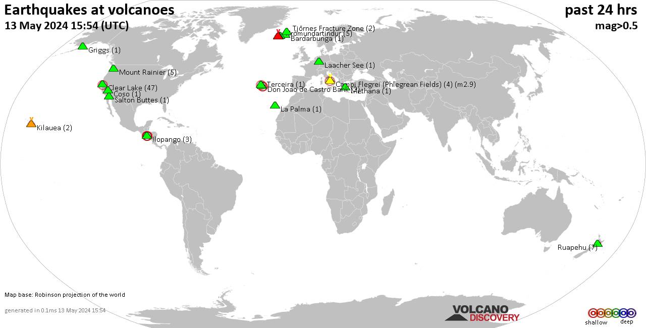 Shallow earthquakes near active volcanoes during the past 24 hours (update 14:11, Saturday, 20 Apr 2024)