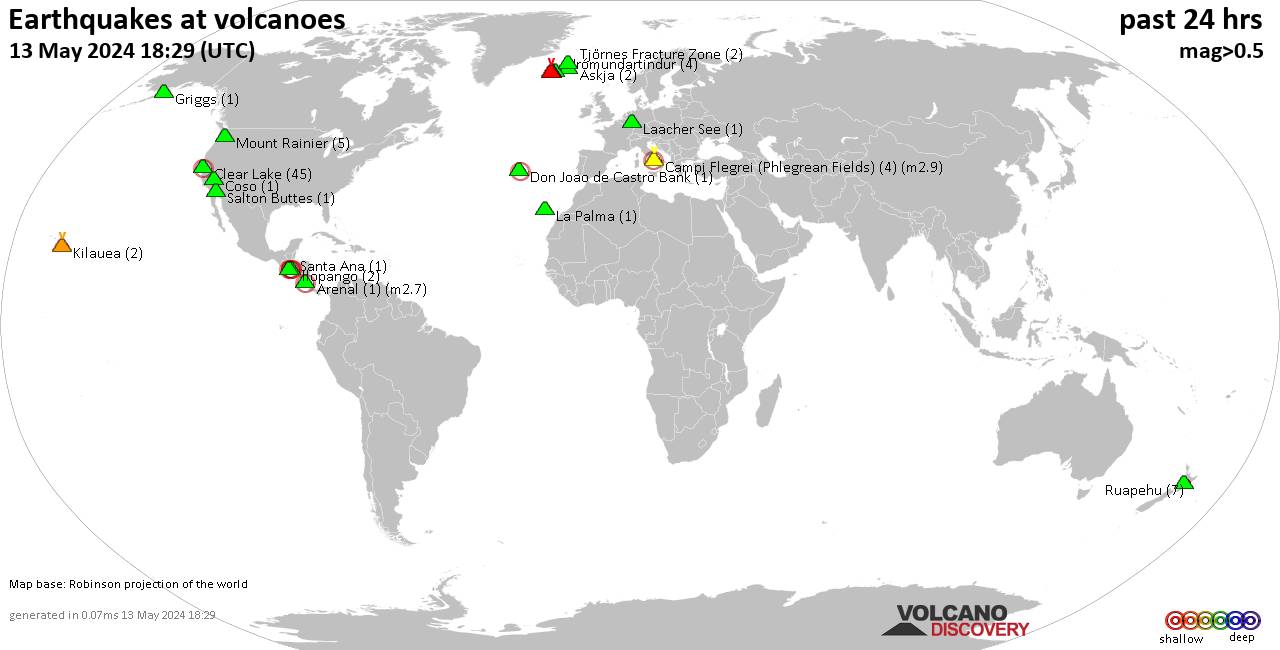 Shallow earthquakes near active volcanoes during the past 24 hours (update 05:30, Tuesday, 23 Apr 2024)