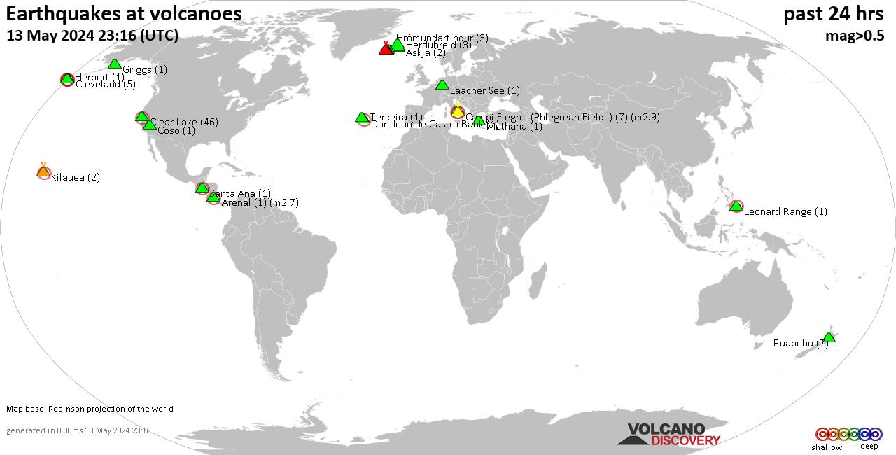 Shallow earthquakes near active volcanoes during the past 24 hours (update 15:34, Tuesday, 23 Apr 2024)