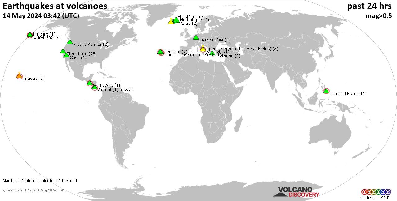 Shallow earthquakes near active volcanoes during the past 24 hours (update 06:43, Wednesday, 24 Apr 2024)